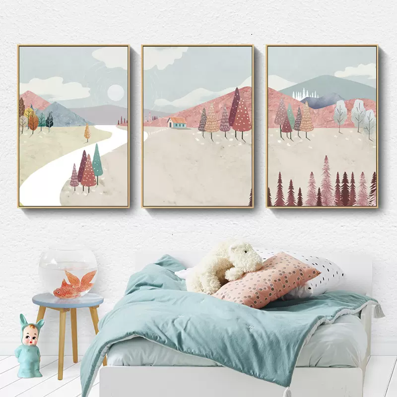 厂家客厅三联装饰画北欧ins插画风景山水挂画内框画简约无框画