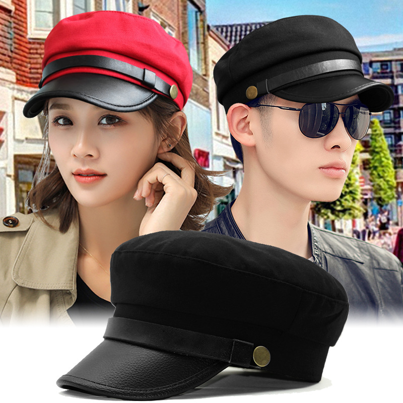 帽子男春秋民国风封口平顶帽百搭英伦复古船长鸭舌帽PU皮檐学生帽