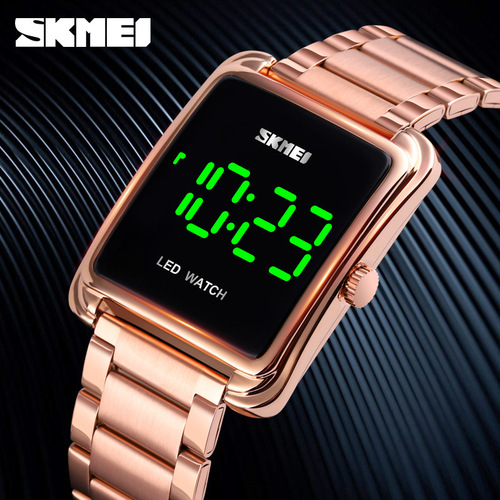 skmei fashion Korean version trendy LED square electronic watch waterproof steel band men's watch manufacturer wholesale