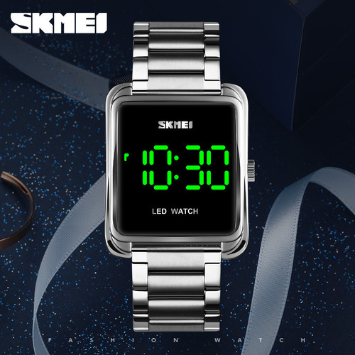 skmei fashion Korean version trendy LED square electronic watch waterproof steel band men's watch manufacturer wholesale