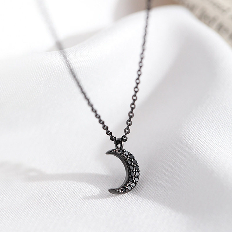 Fashionable New 925 Silver Crescent Necklace For Girls, Forest-style Black Diamond Moon Design, Student Model, Wholesale_voghion.com