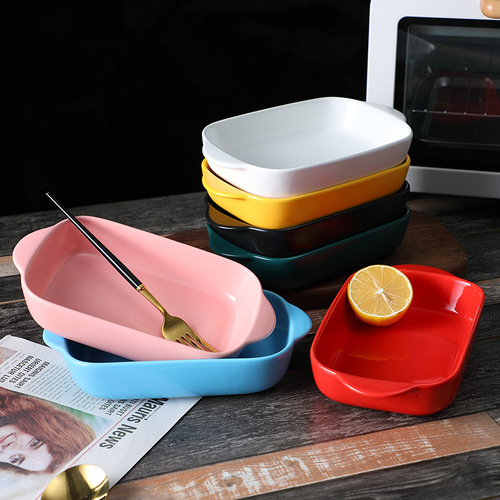 Creative ceramic double-ear plate for color glaze cheese baked rice, household ceramic plate, baking plate, Western-style plate, oven plate, dish plate