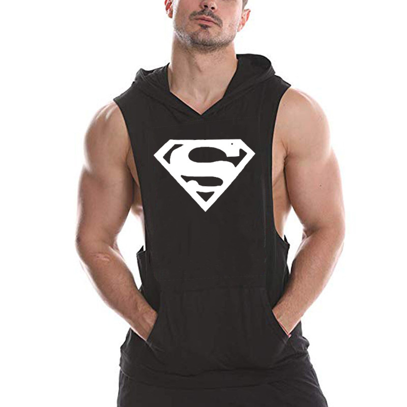 Cross-border European Code Fitness Sports Sweat Men's Summer Cotton Sleeveless Hooded Pocket Printed Superman Sweat