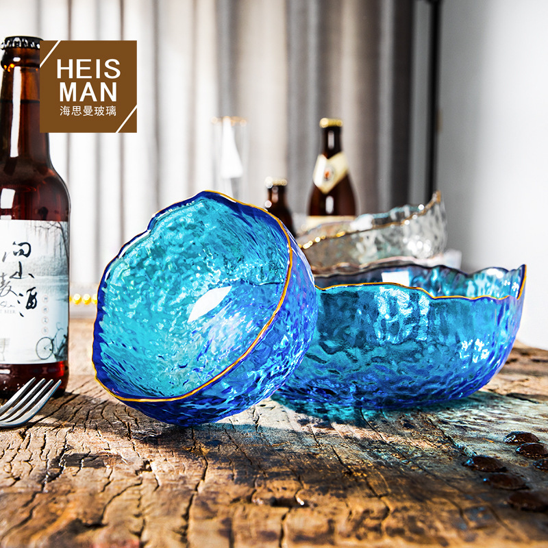 Haismann Hammered Gold-Rimmed Salad Bowl, Irregular Crystal Glass Bowl, Vegetable and Fruit Plate, Tea Washing Dish, Heat-Resistant Glass