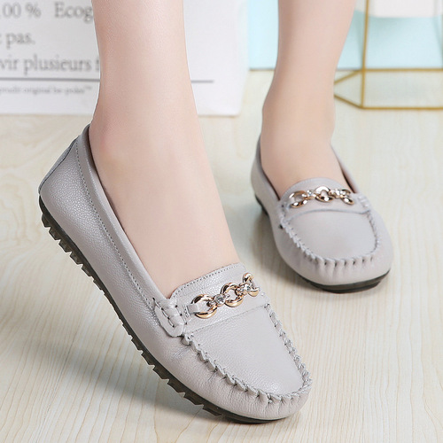 Women's Leather Beanpole Shoes for Middle-Aged and Elderly Mothers, Flat Leather Shoes, New Soft Sole Casual Single Shoes