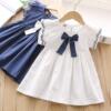 Summer dress, cute summer clothing, girl's skirt with bow, A-line, with embroidery, with short sleeve