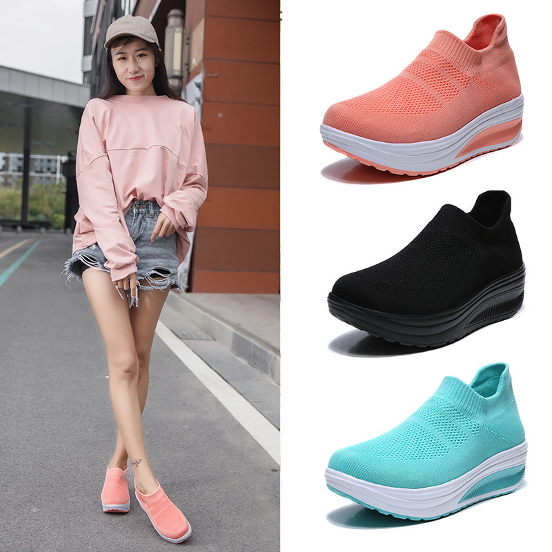 Cross-border plus size EVA platform lightweight women's shoes flying woven sneaker slip-on shoes fashion rocking shoes casual socks shoes