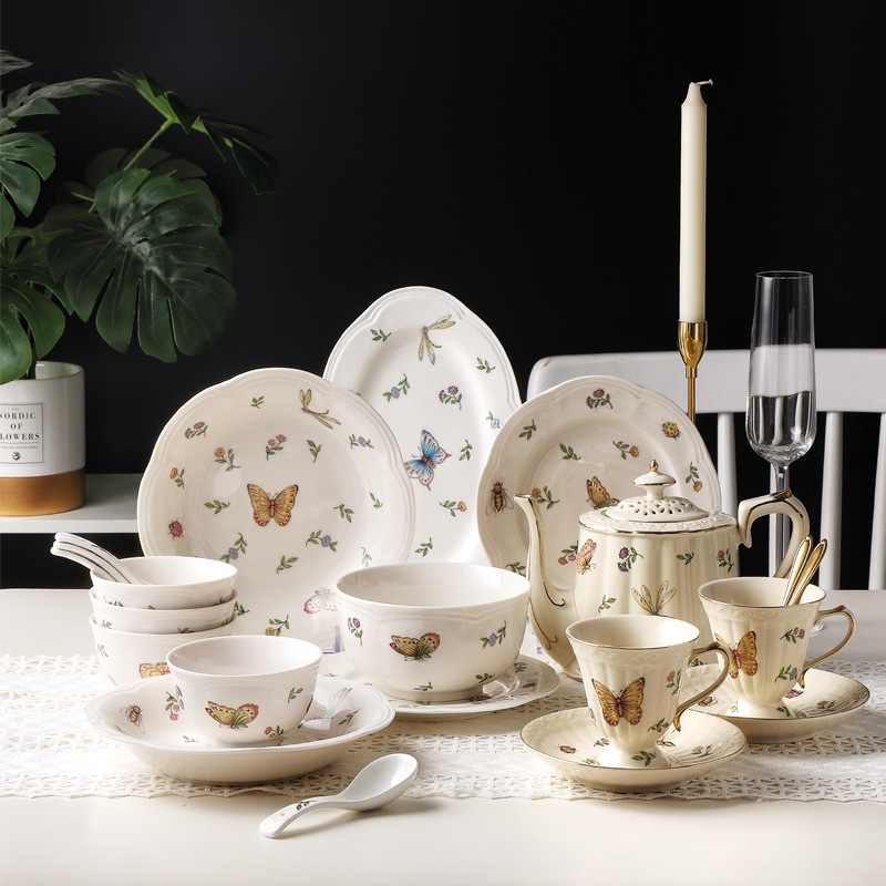 Retro Creative Insect Dragonfly Butterfly Bee Ceramic Personalized Bowl and Plate Western Food Plate Household Noodle Bowl Fish Deep Plate Tableware