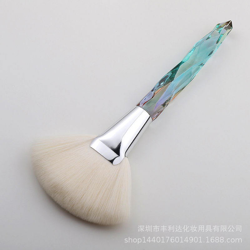 Fenglida cepillo en forma de abanico grande de un solo soporte, cepillo de alto brillo de maquillaje facial portátil, cepillo de polvo suelto, mango de cepillo de alto brillo de cristal dedicado