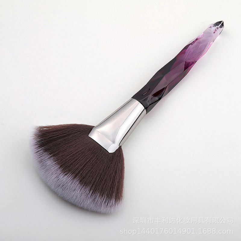 Fenglida cepillo en forma de abanico grande de un solo soporte, cepillo de alto brillo de maquillaje facial portátil, cepillo de polvo suelto, mango de cepillo de alto brillo de cristal dedicado