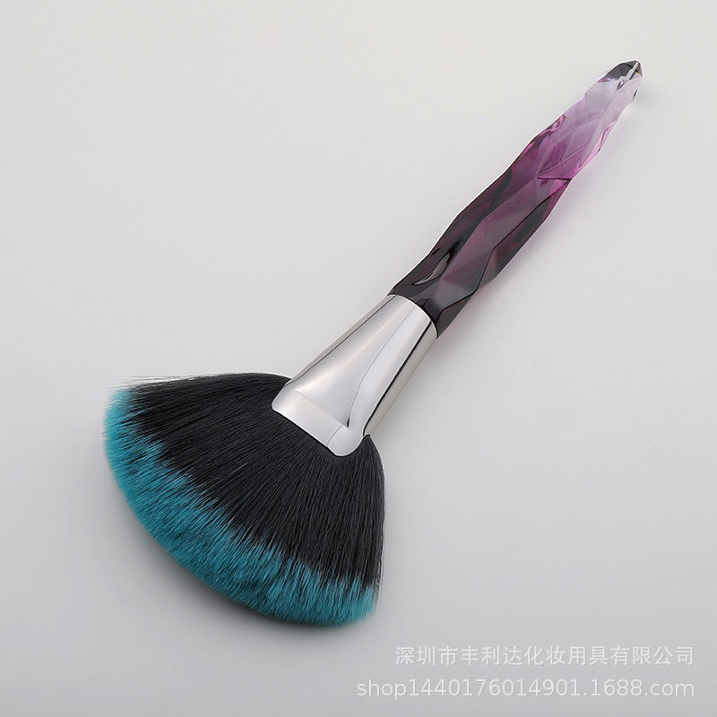 Fenglida cepillo en forma de abanico grande de un solo soporte, cepillo de alto brillo de maquillaje facial portátil, cepillo de polvo suelto, mango de cepillo de alto brillo de cristal dedicado