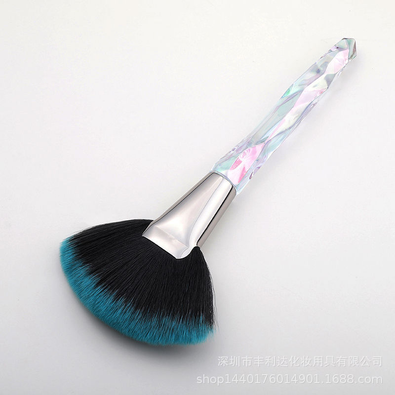 Fenglida cepillo en forma de abanico grande de un solo soporte, cepillo de alto brillo de maquillaje facial portátil, cepillo de polvo suelto, mango de cepillo de alto brillo de cristal dedicado