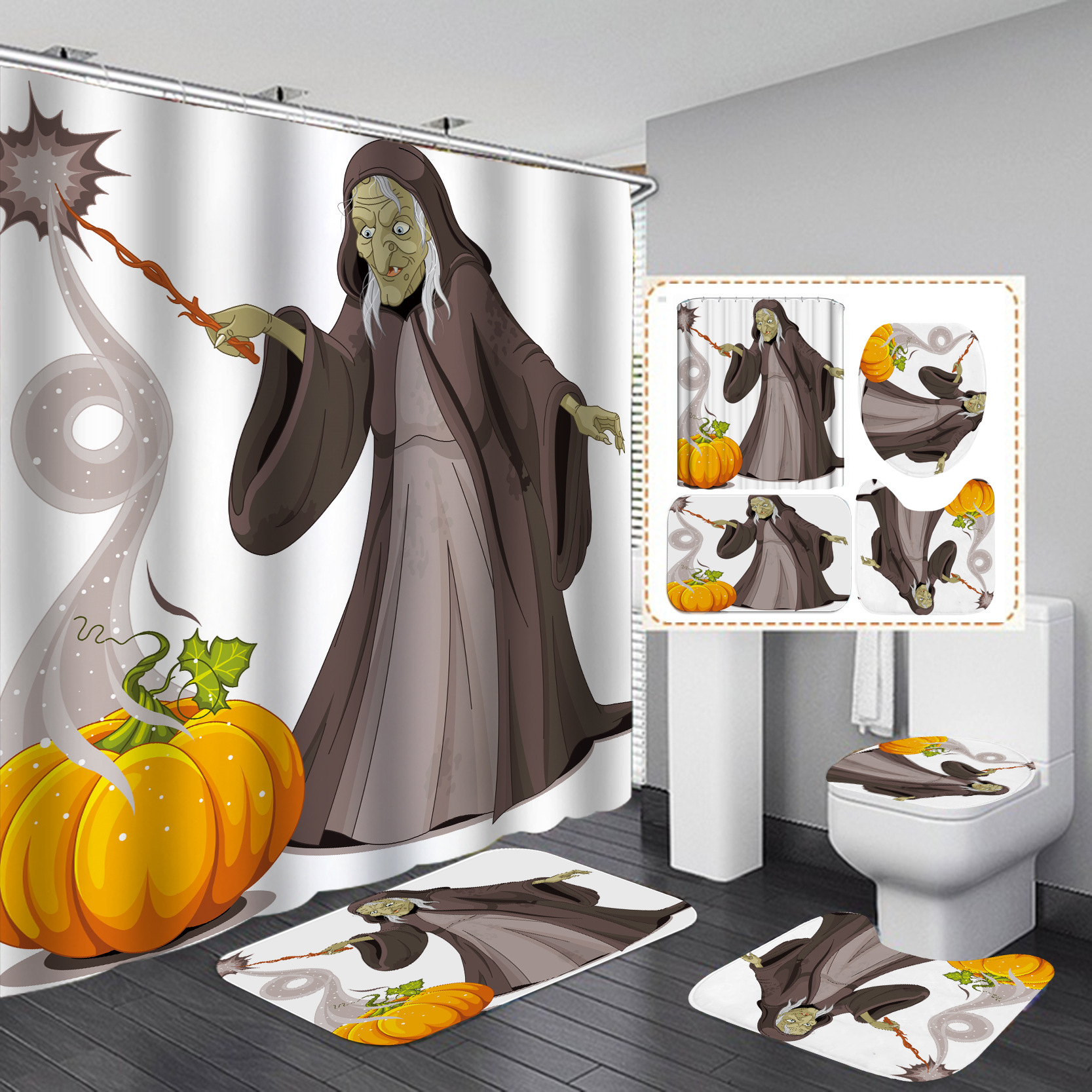 Transfronteriza caliente Impresión digital impermeable poliéster Halloween baño partición ducha cortina fábrica suministro directo Cortina de ducha al por mayor