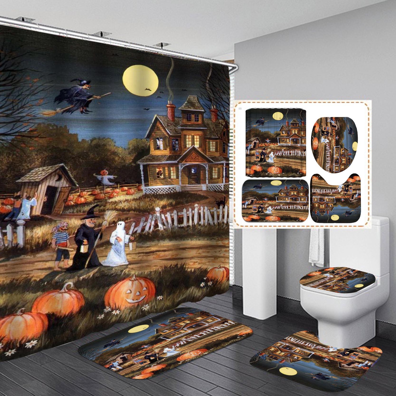 Transfronteriza caliente Impresión digital impermeable poliéster Halloween baño partición ducha cortina fábrica suministro directo Cortina de ducha al por mayor
