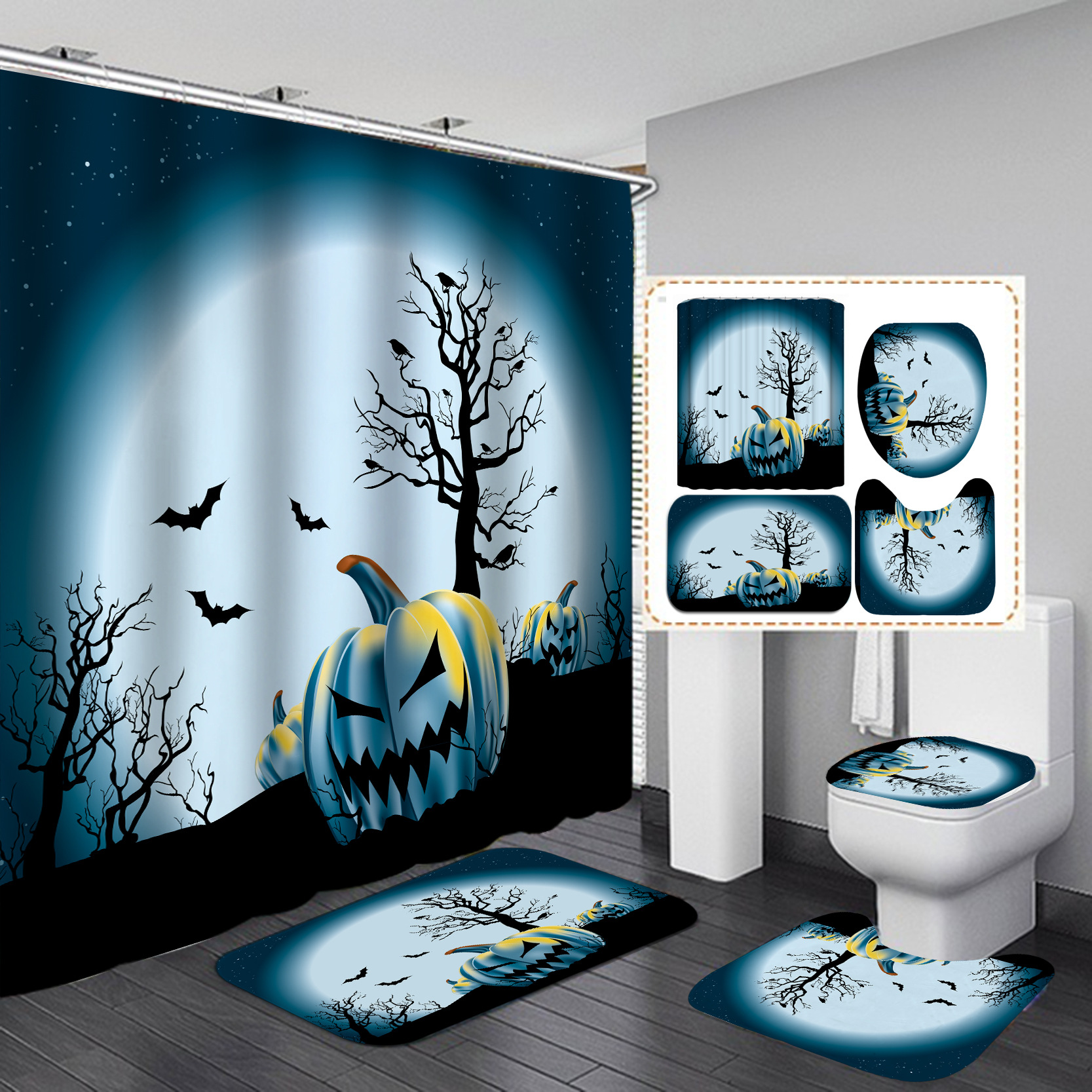 Transfronteriza caliente Impresión digital impermeable poliéster Halloween baño partición ducha cortina fábrica suministro directo Cortina de ducha al por mayor