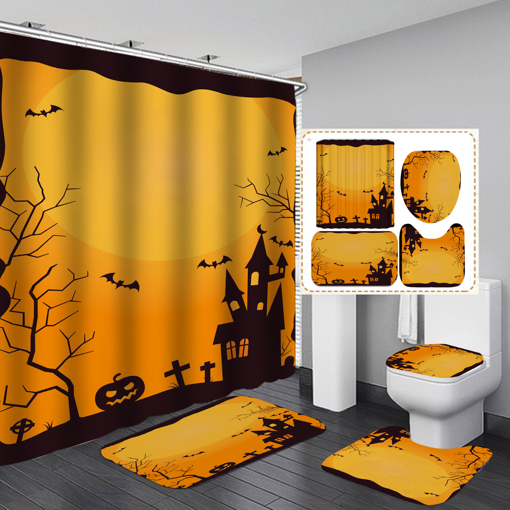Transfronteriza caliente Impresión digital impermeable poliéster Halloween baño partición ducha cortina fábrica suministro directo Cortina de ducha al por mayor
