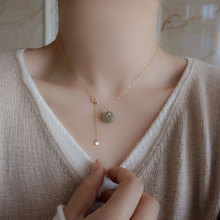14K包金天然和田玉珠锁骨项链女平安扣吊坠小众设计INS新款青白玉