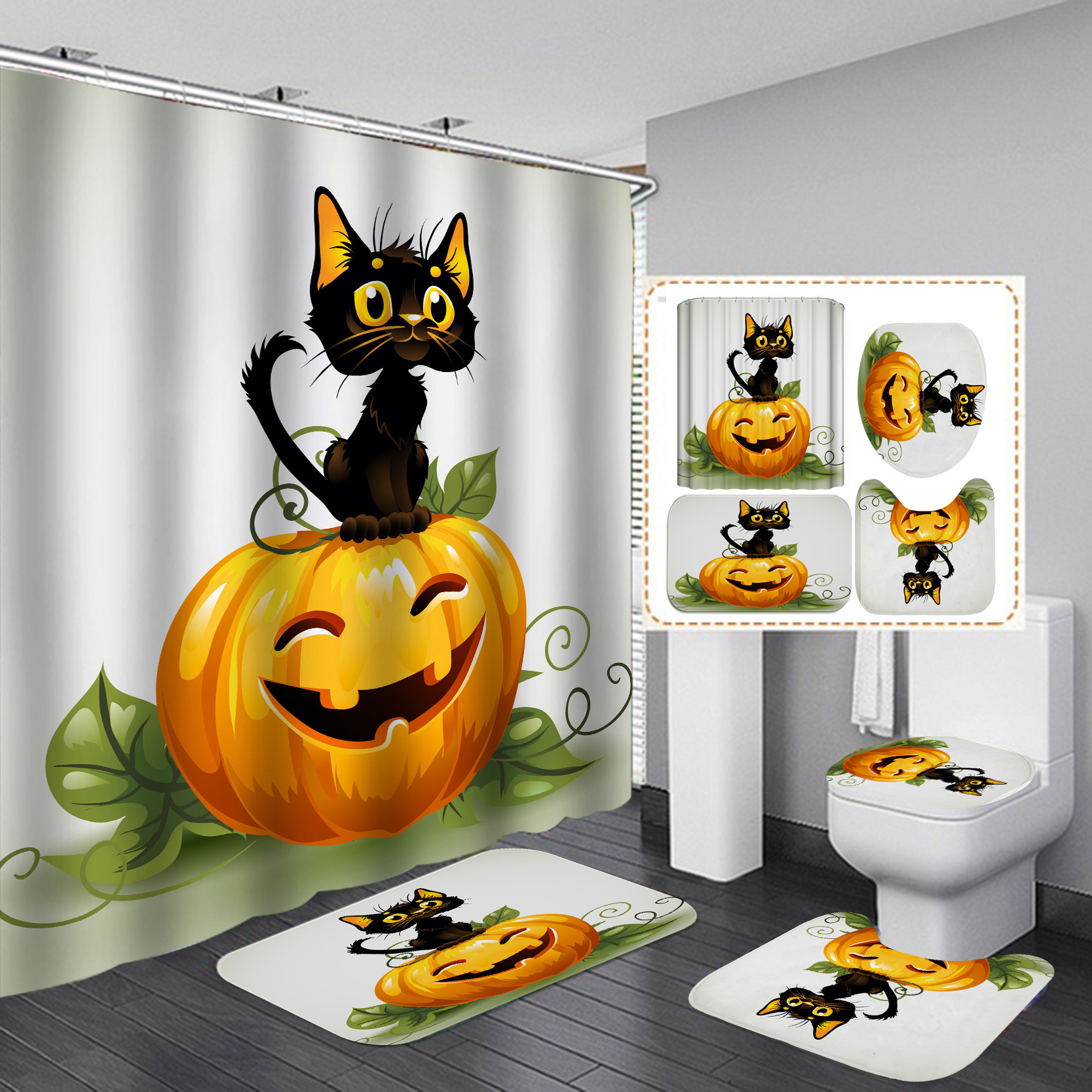 Amazon e-commerce HD Baño de impresión digital Cortina de ducha de Halloween Baño de hotel Cortina de ducha de separación húmeda y seca