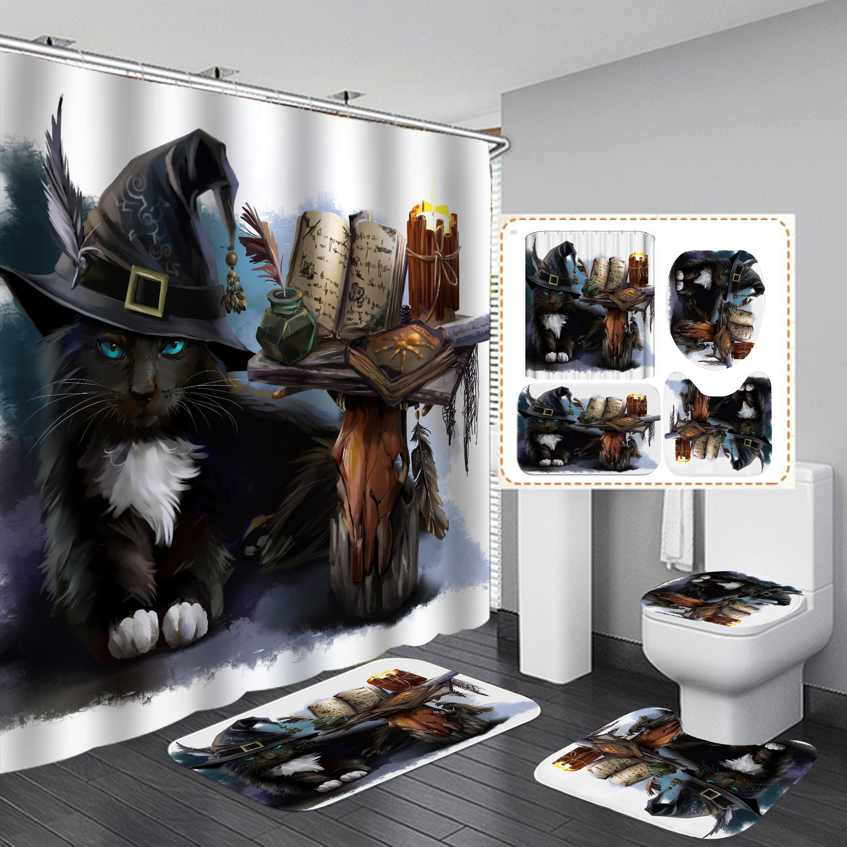 Amazon e-commerce HD Baño de impresión digital Cortina de ducha de Halloween Baño de hotel Cortina de ducha de separación húmeda y seca