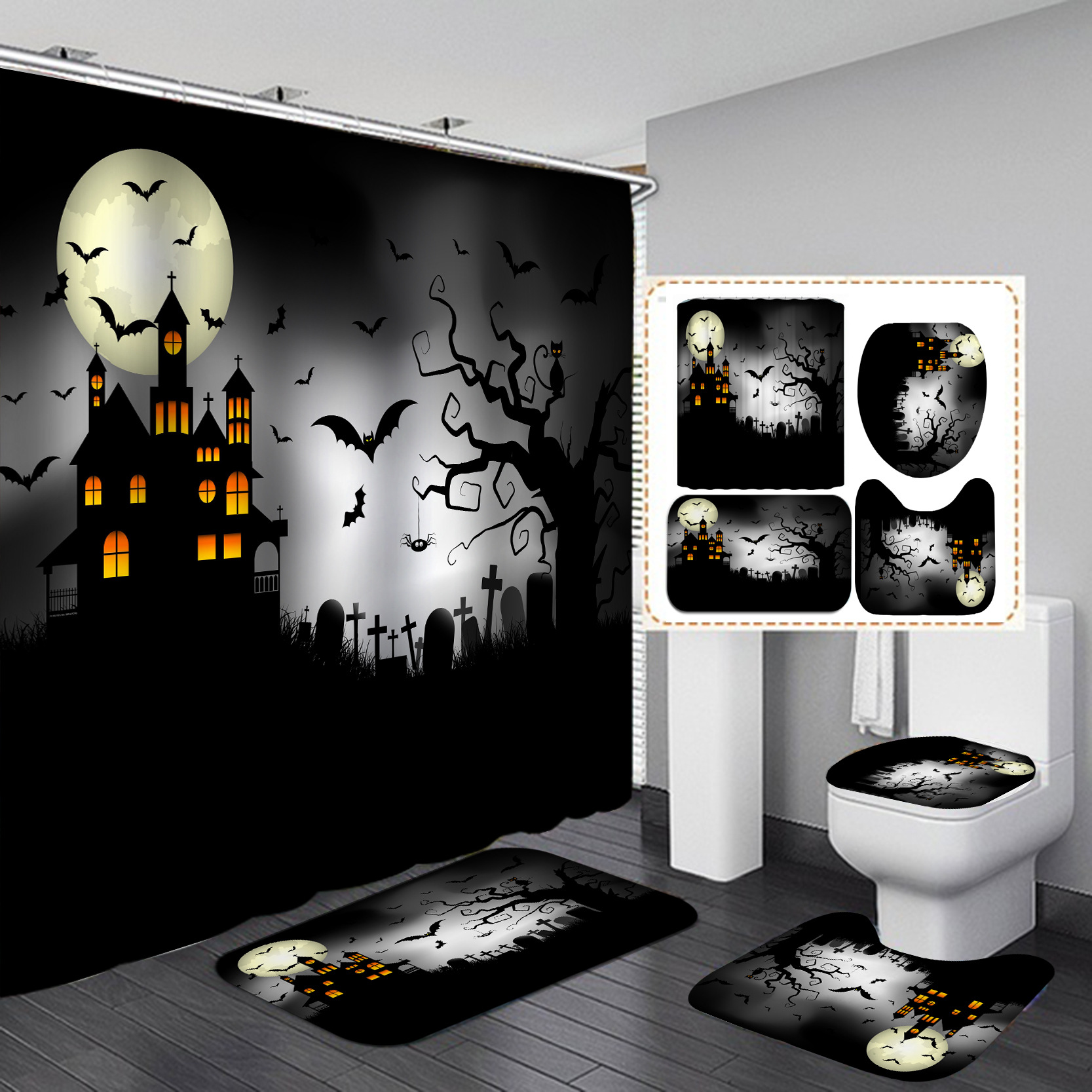 Amazon e-commerce HD Baño de impresión digital Cortina de ducha de Halloween Baño de hotel Cortina de ducha de separación húmeda y seca