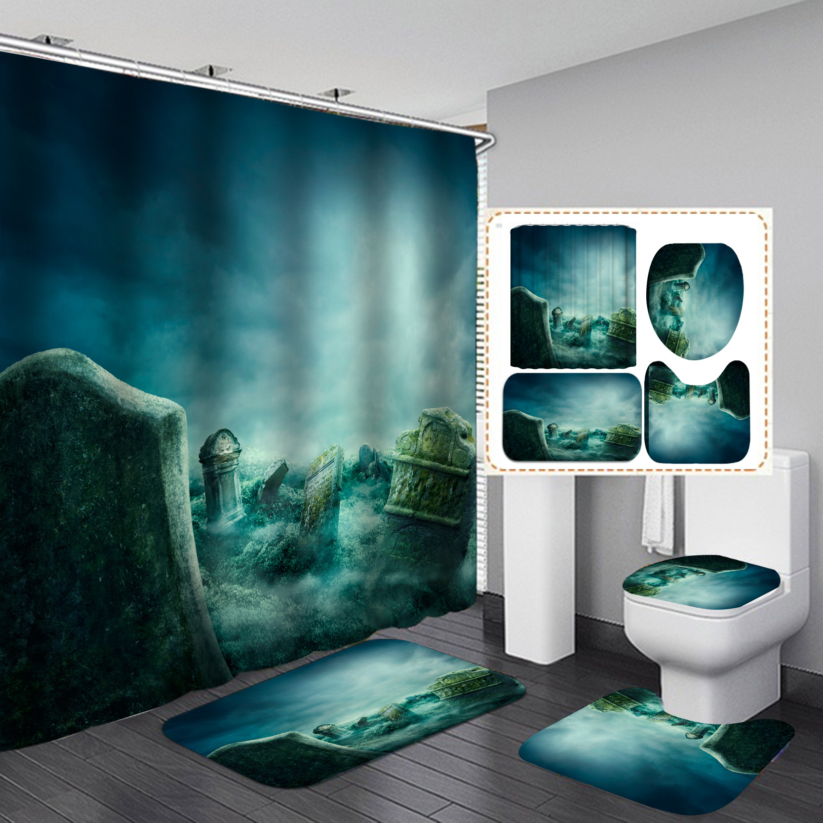 Amazon e-commerce HD Baño de impresión digital Cortina de ducha de Halloween Baño de hotel Cortina de ducha de separación húmeda y seca