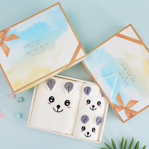 High-density coral velvet cartoon embroidered animal three-piece gift box with big-eyed rabbit ears shape bath towel gift set