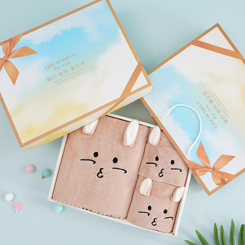 High-density coral velvet cartoon embroidered animal three-piece gift box with big-eyed rabbit ears shape bath towel gift set