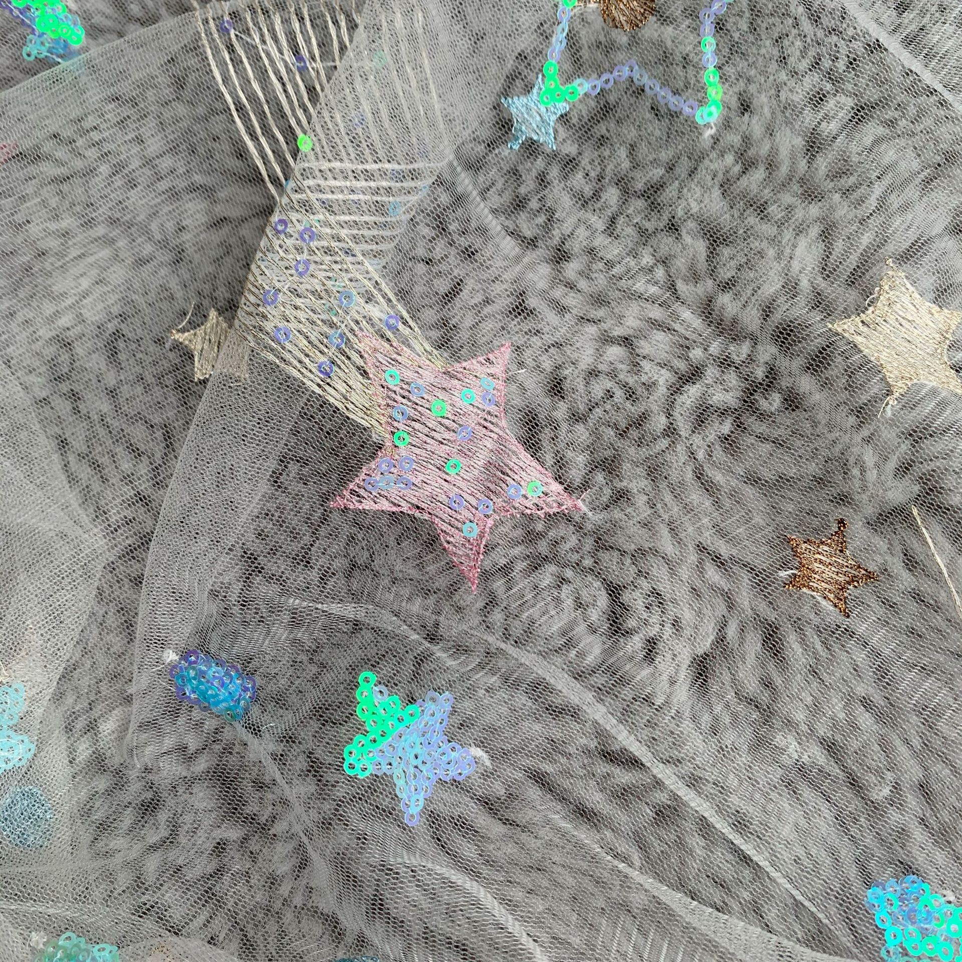 Malla de fábrica estrella de cinco puntas pieza brillante bordada lluvia de meteoros lentejuelas malla Lolita ropa para niños falda de mujer tela