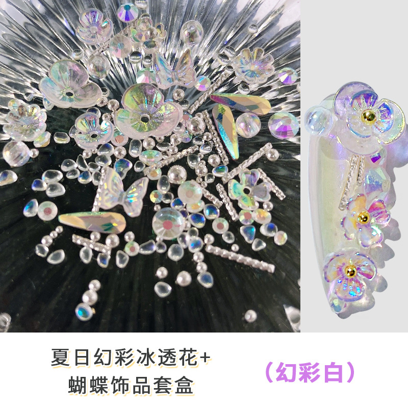 Verano popular celebridad en línea arte de uñas hielo transparente Flor Mariposa joyería color mágico Concha flor uñas rhinestone micro cuentas decorativas conjunto caja