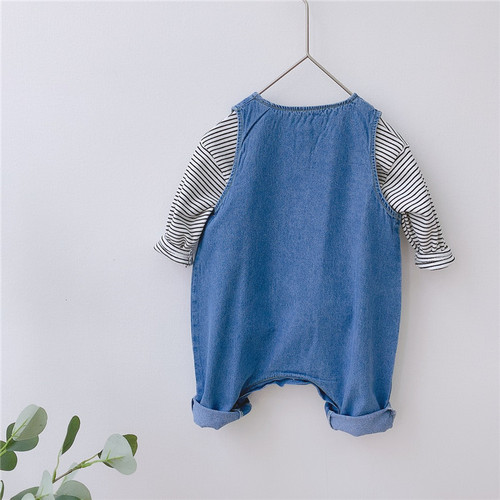 Children's clothing spring style male and female baby denim suspender set infant and child jumpsuit pure cotton striped T-shirt two-piece spring outfit