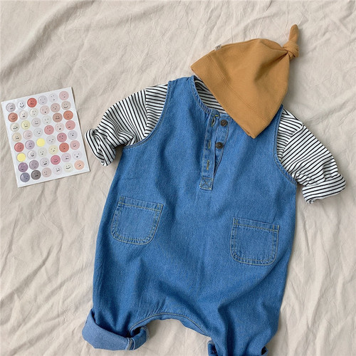 Children's clothing spring style male and female baby denim suspender set infant and child jumpsuit pure cotton striped T-shirt two-piece spring outfit