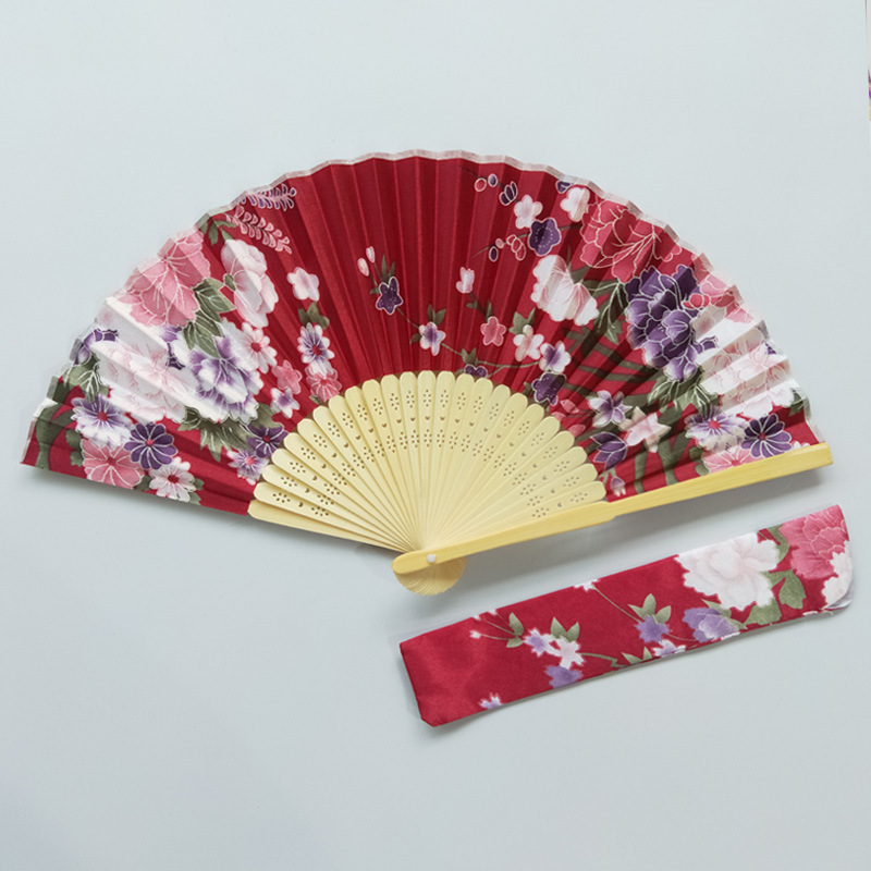 En stock ventilador de tela satinada multicolor opcional ventilador plegable de las mujeres vino rojo más bolsa de ventilador estilo japonés y ventilador