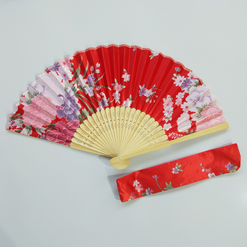 En stock ventilador de tela satinada multicolor opcional ventilador plegable de las mujeres vino rojo más bolsa de ventilador estilo japonés y ventilador