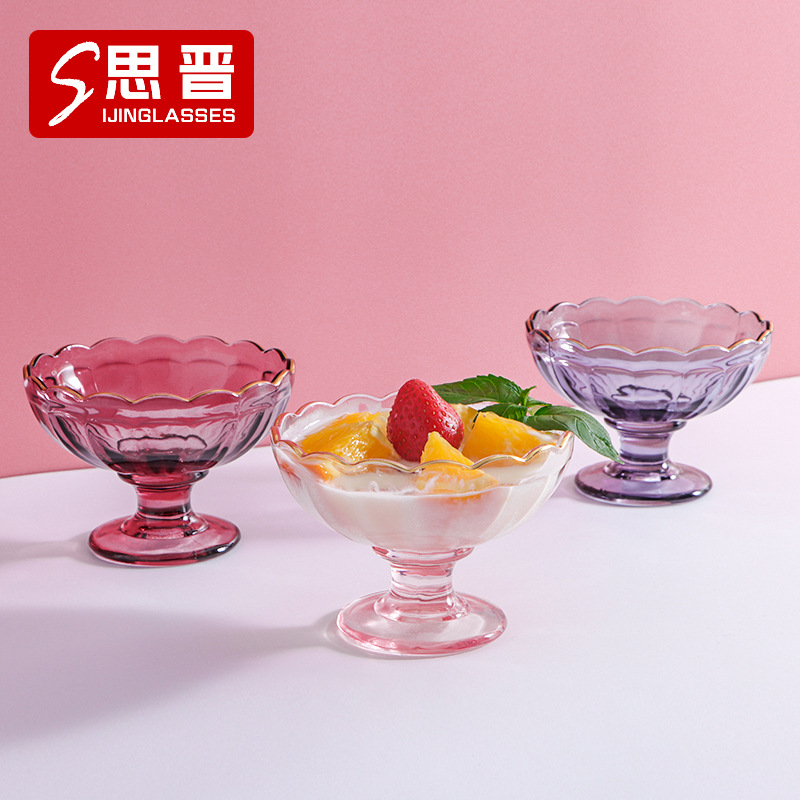 시진 일본 디저트 컵 INS 황금 가장자리 유리 창조적 인 꽃 아이스크림 컵 샐러드 그릇 아이스크림 컵 그릇