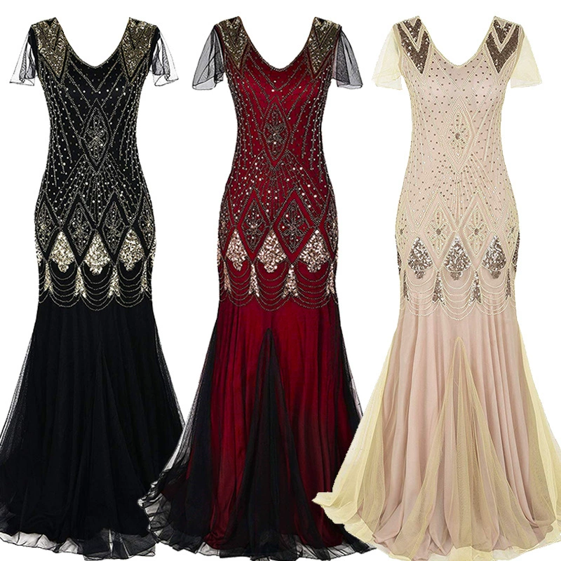 Evening Dress Sequin Retro Plus-Size Gown, Mermaid Tulle Hem, Sizes S–XXXL