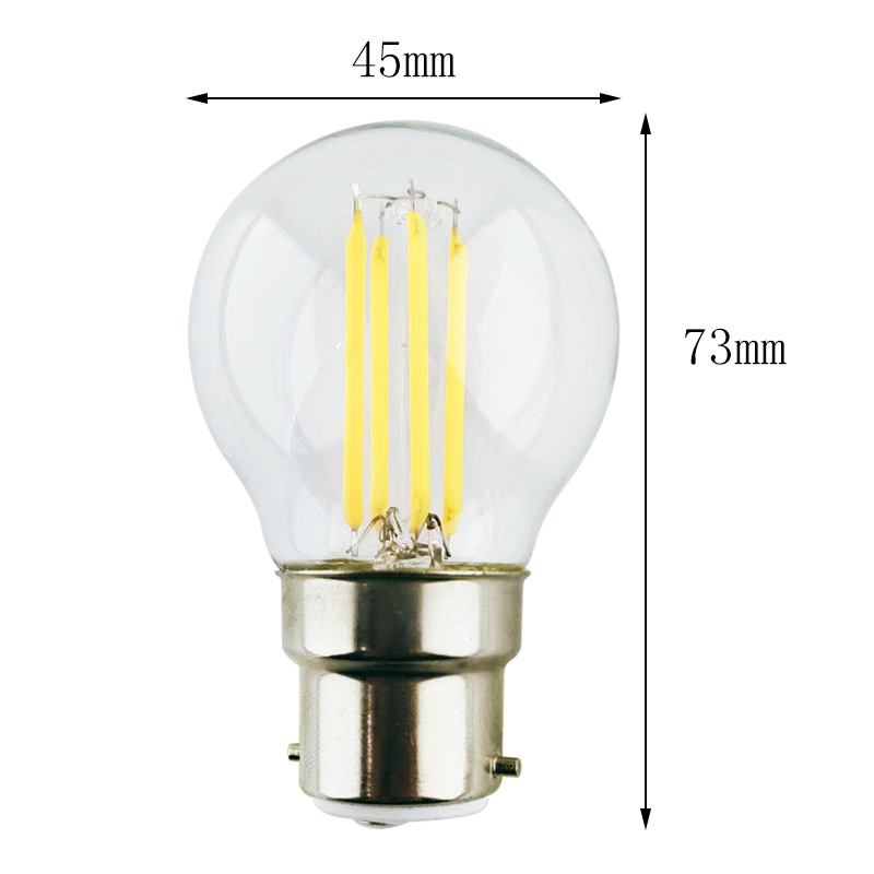 跨境G45透明玻璃灯丝灯英国B22螺口2w4w6w球泡灯龙珠泡360℃发光