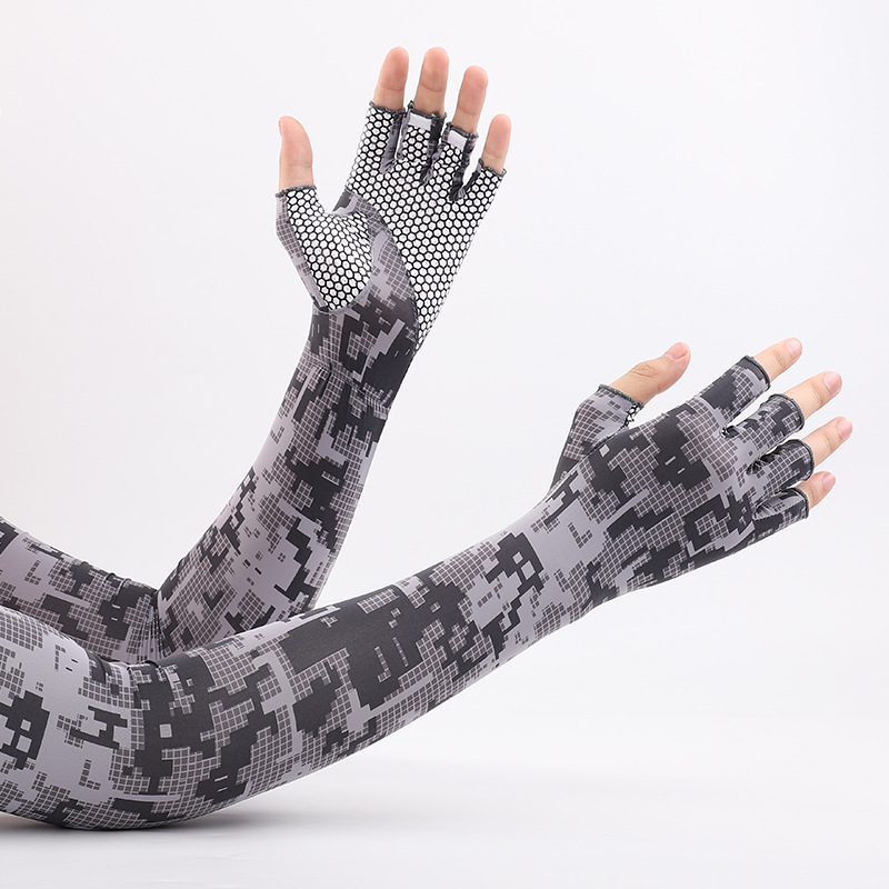 Nueva manga de hielo verano camuflaje protección solar opresleeve hombres de secado rápido montar antideslizante medio dedo brazo protección guantes de seda de hielo