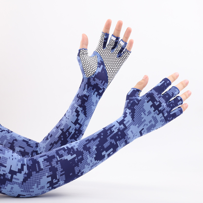 Nueva manga de hielo verano camuflaje protección solar opresleeve hombres de secado rápido montar antideslizante medio dedo brazo protección guantes de seda de hielo
