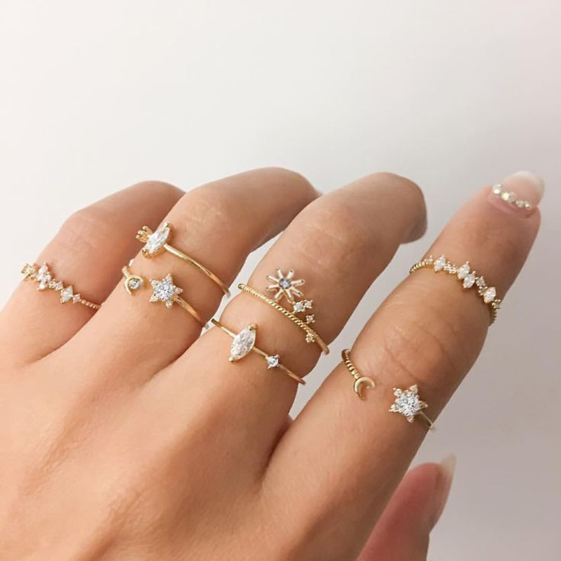 5764 Korean Fashion European and American Cross-Border Star and Moon Ring Set 7-Piece Retro Simple Joint Creative Style
