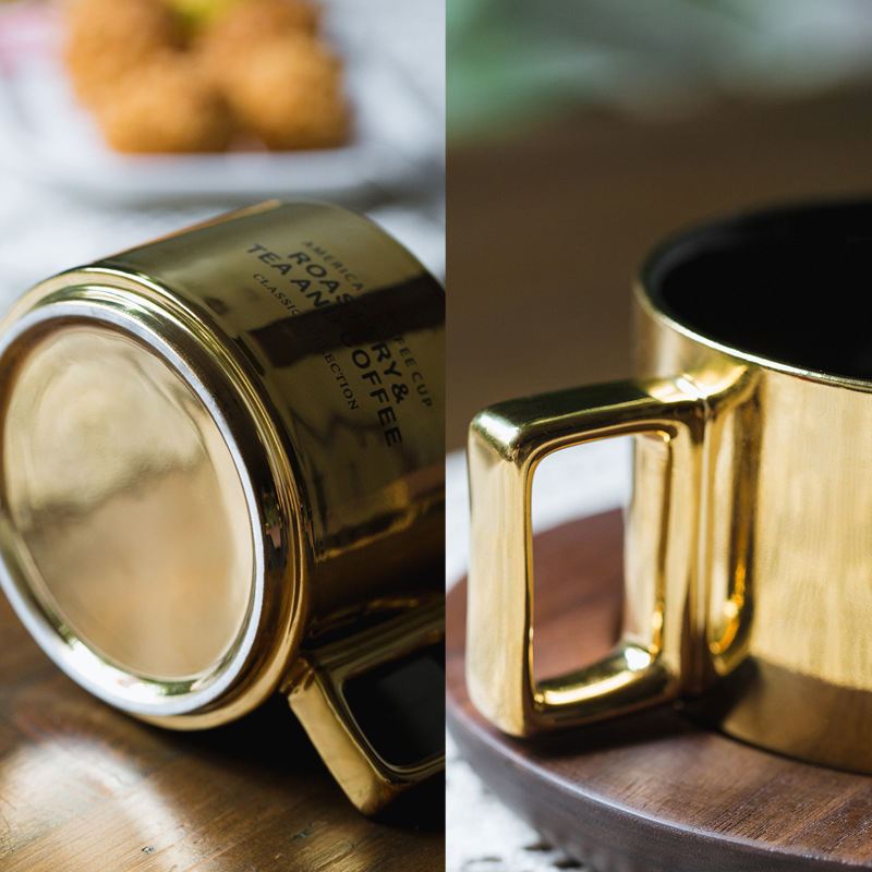 Taza de café americana dorada Taza de cerámica Taza de agua Taza de nuez Taza con cuchara de talla