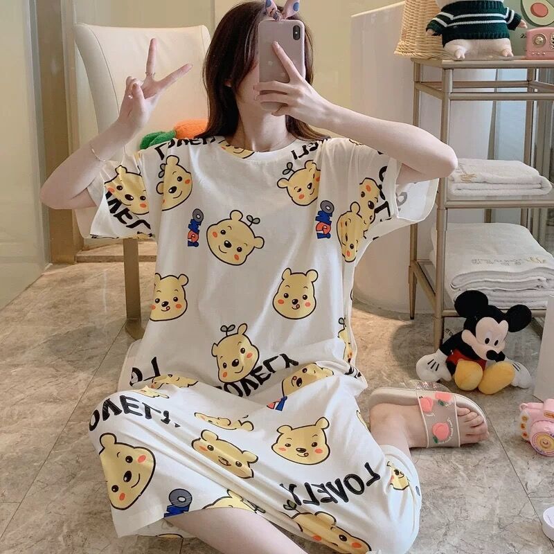 Pajamas Women's Summer Korean Style Summer Fashionable Nightgown Short-sleeved Women's Summer Home Clothes suit Student Cute plus size
