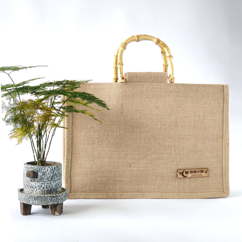 厂家定做竹节手提麻布袋 时尚礼品麻布购物袋 粗黄麻布环保收纳包
