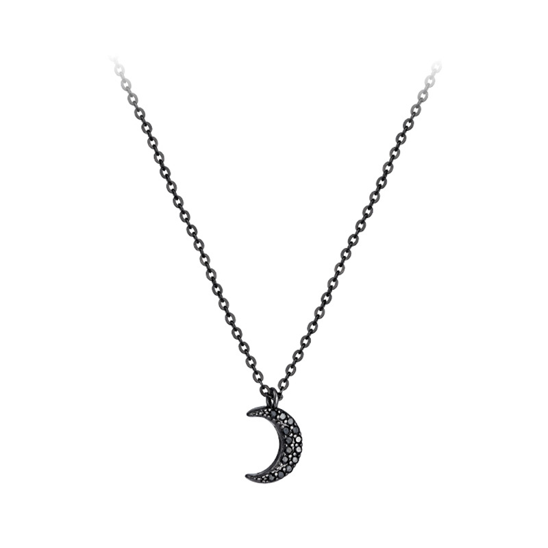 Fashionable New 925 Silver Crescent Necklace For Girls, Forest-style Black Diamond Moon Design, Student Model, Wholesale_voghion.com
