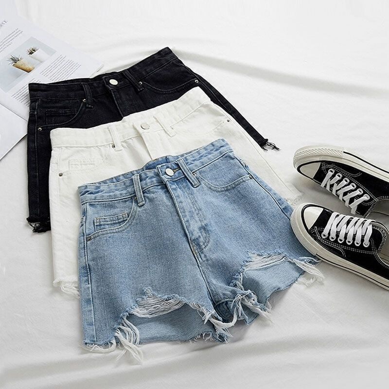 Women's wide leg Denim shorts Korean style loose high waist ripped slimming summer new style elegant style hot pants chic fashion
