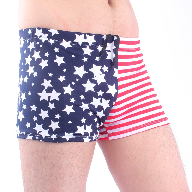 Cross-Border New European and American Foreign Trade Lace-Up Men's Boxer Swimming Trunks American Flag Printed Beach Sports Swimming Trunks Factory