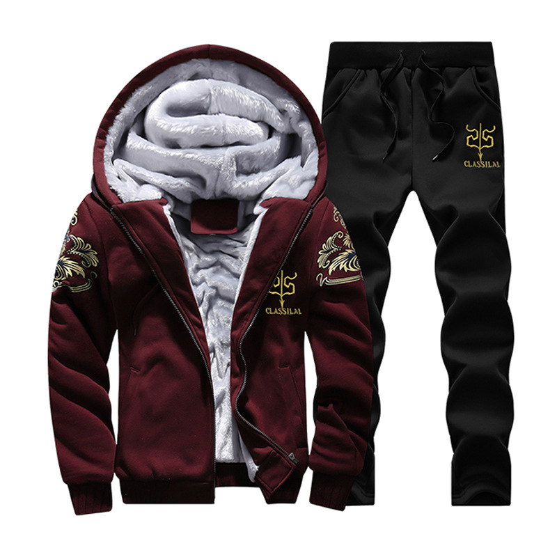 Traje casual transfronterizo para hombre, conjunto de dos piezas grueso con forro polar para invierno, chaqueta cálida con capucha de talla grande para hombre y pantalones largos de exportación.