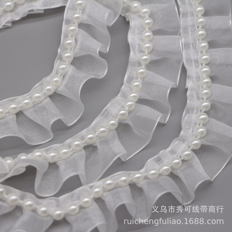 Spot White Folded Yarn with Pearl Lace Accessories Handmade DIY Collar Garment Inlaid Ribbon Decoration Material
