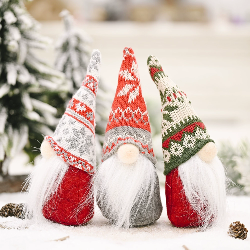  knitted hat christmas doll decoration with snowflakes, random hat pattern, 11.3×4.4×4 cm