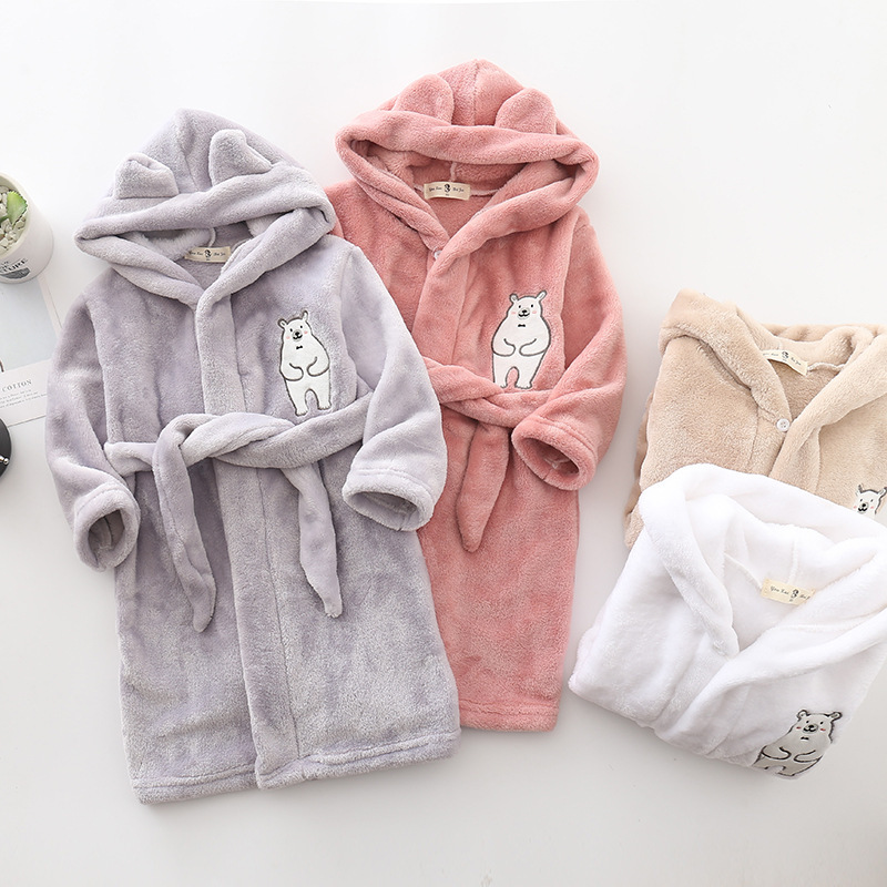 2021 Spring and Autumn Girls' Children's Pajamas Flannel Bathrobe Boys' Home Clothes Hooded Children's Nightgown Winter
