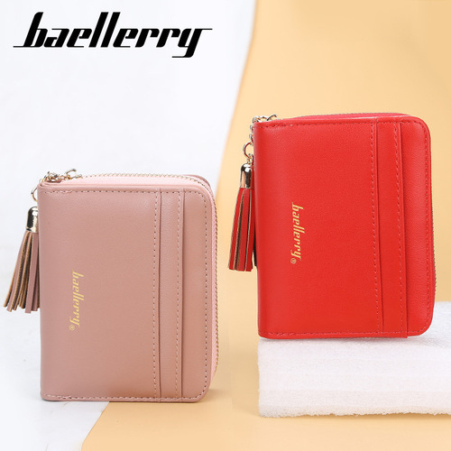 Women's short wallet baellerry Korean version multi-card slot driver's license coin purse fashionable tassel snap button women's bag